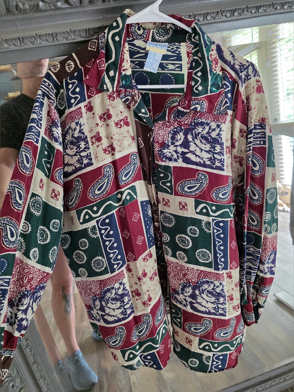 Vintage Patchwork Button Up Shirt Burgundy/Green/Cream 20W Womens 100% Silk